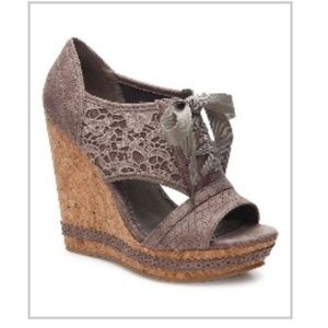 Gray lace wedge sandals